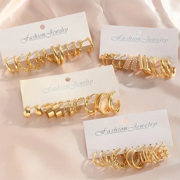 24Pairs Golden Hoop Earrings Set With Faux Pearl Decor Sexy Simple Style Jewelry - Picture 5 of 7